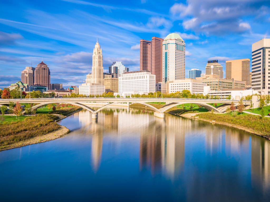 Columbus, Ohio, USA with the city skyline in the background and the Scioto River in the foreground, taken on a clear sunny day.