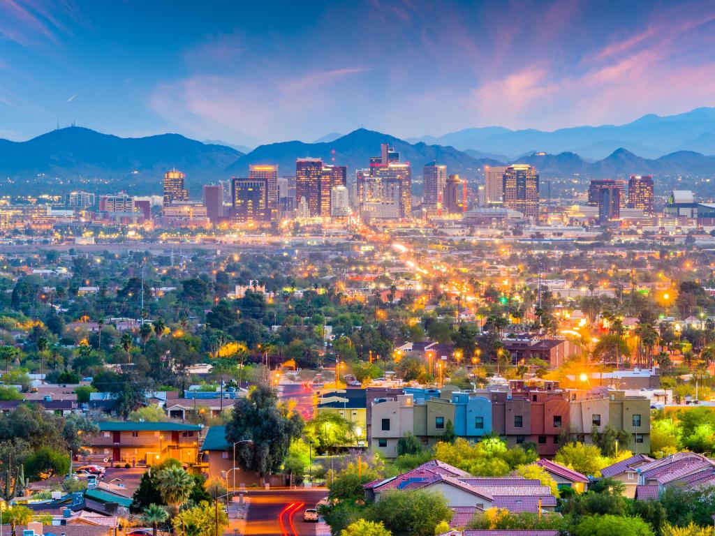 Colourful view of Pheonix city and its lights at dusk.