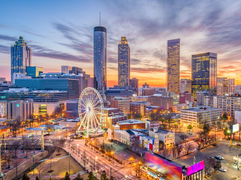 Atlanta, Georgia, USA with the downtown skyline at dusk.