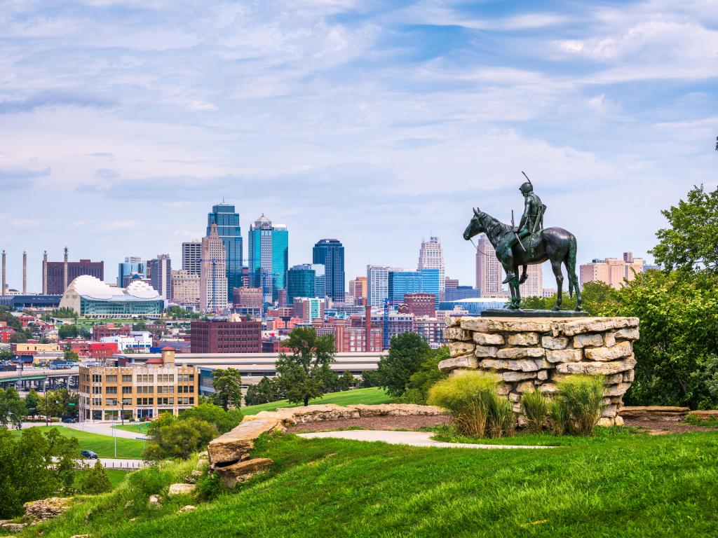 Kansas City, Missouri, USA downtown skyline during sunset.