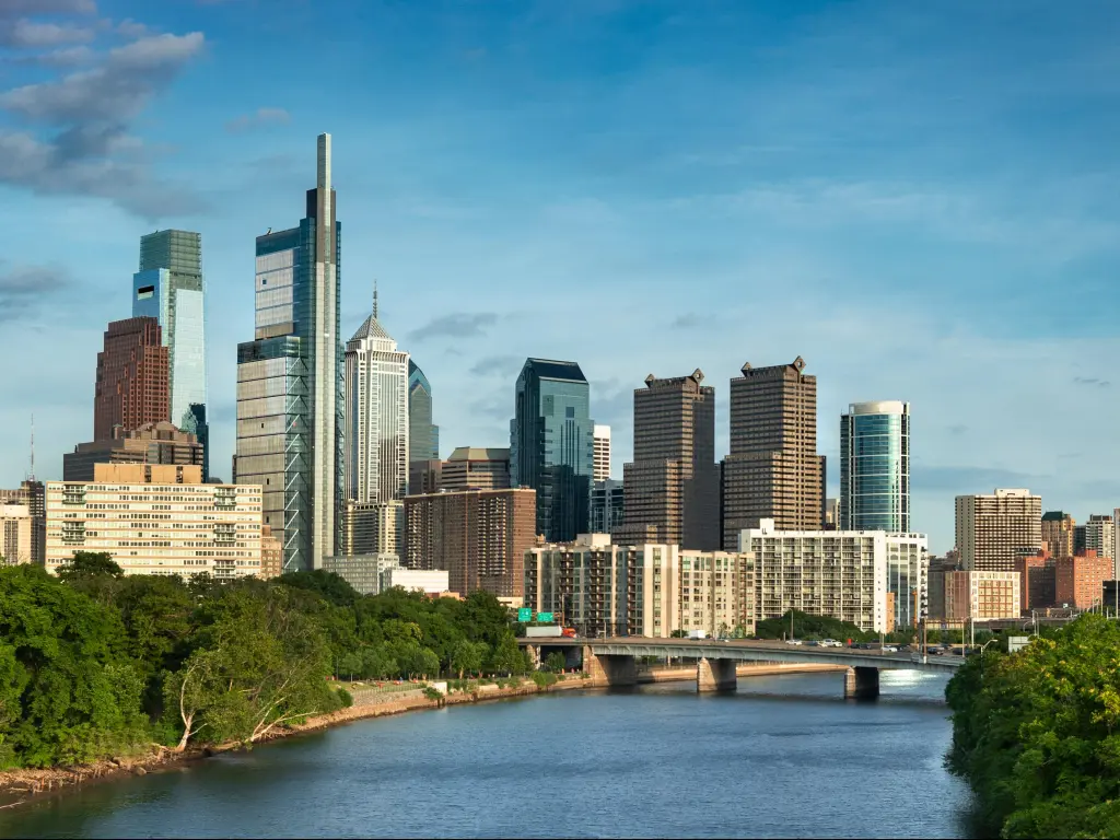 Philadelphia panorama cityscape downtown urban core skyscrapers over the Schuylkill River in Pennsylvania USA
