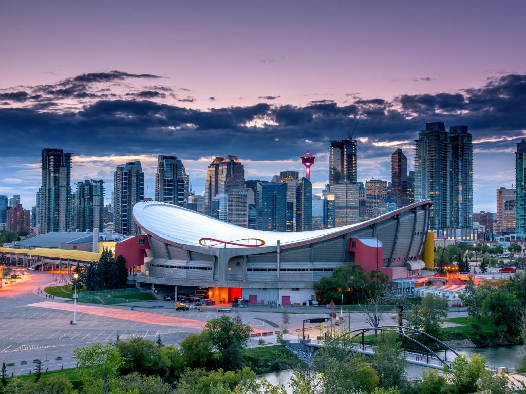 Calgary, Alberta, Canada with the city skyline in the background taken at night.