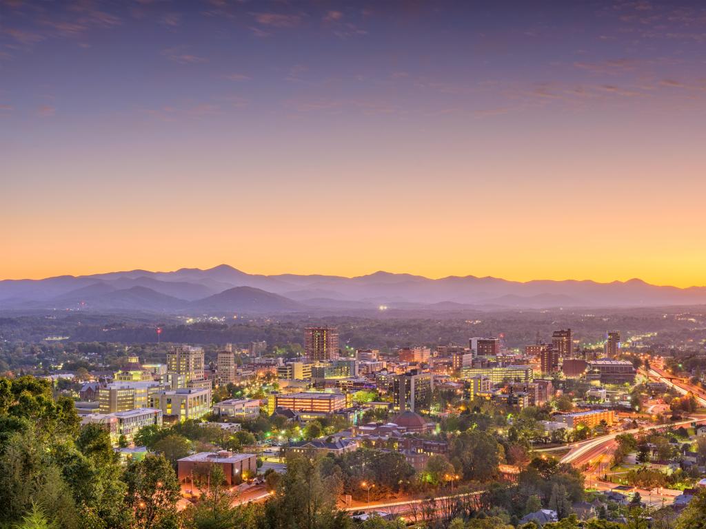 Asheville, North Carolina, USA skyline and landscape after sunset.