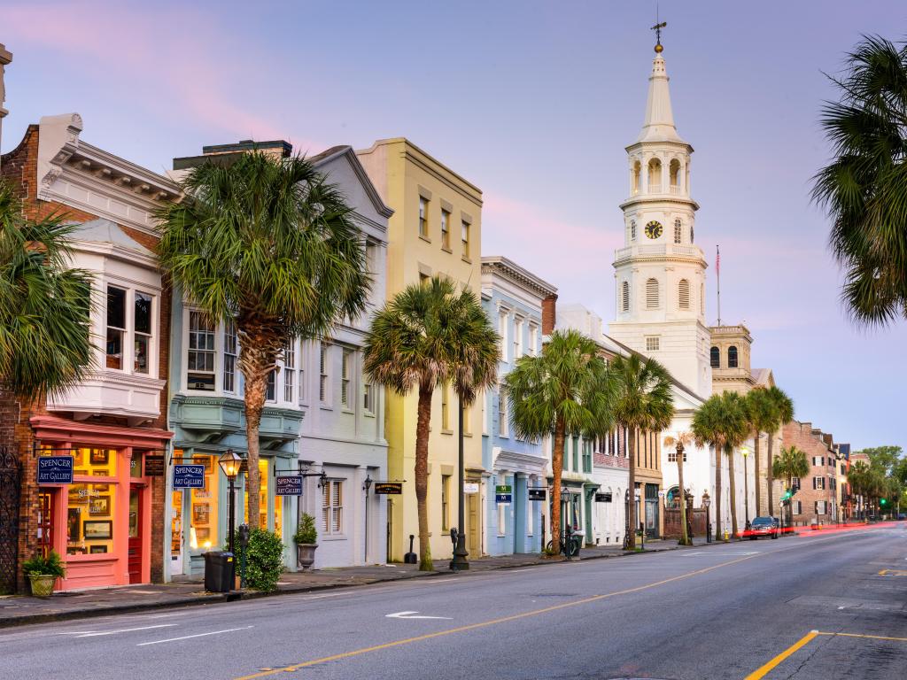 Charleston, South Carolina, USA with shops lining Broad street in the French Quarter take at early sunset.