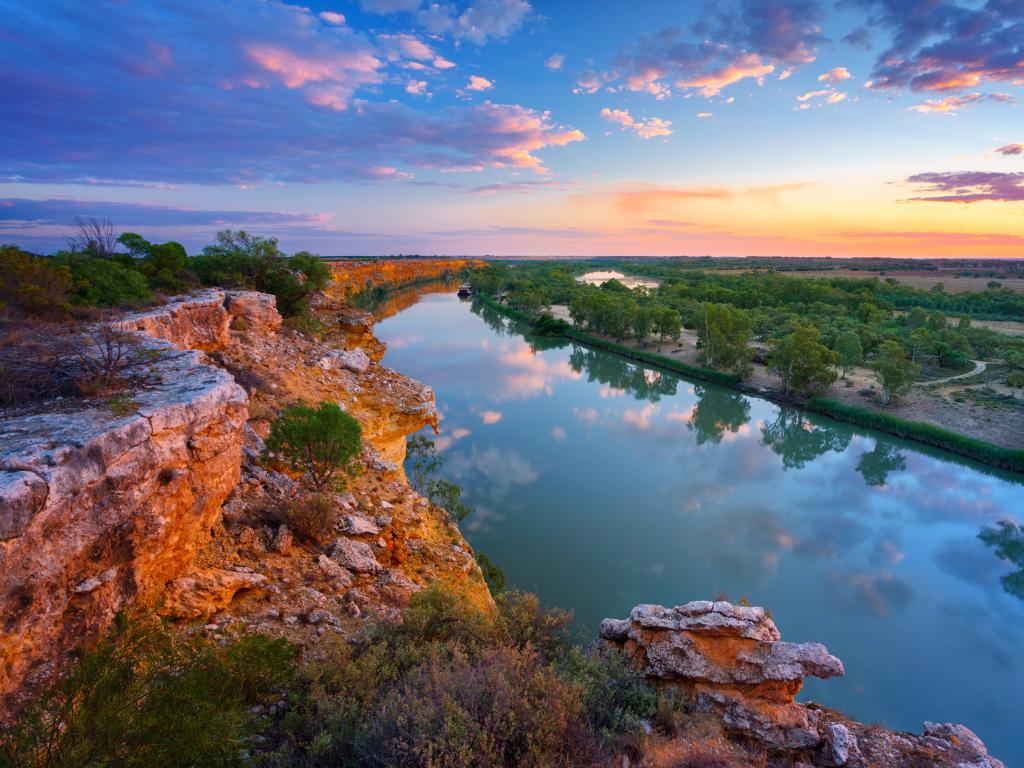 Sunset over Murray River on the border of New South Wales and Victoria, Australia.