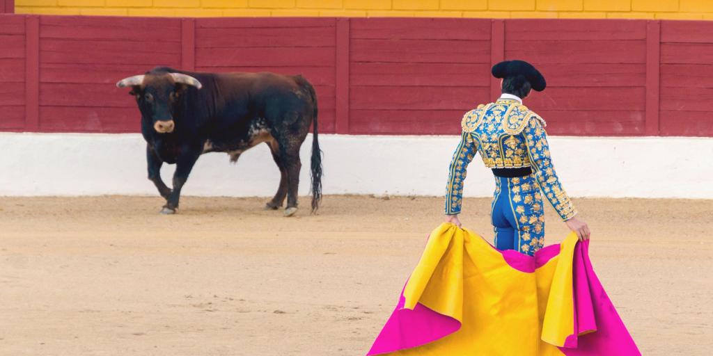 Bullfighter and bull in the ring in Spain