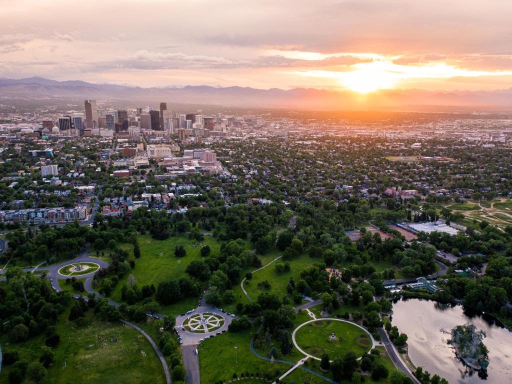 Aerial drone photo - Skyline of Denver, Colorado at sunset from City Park.