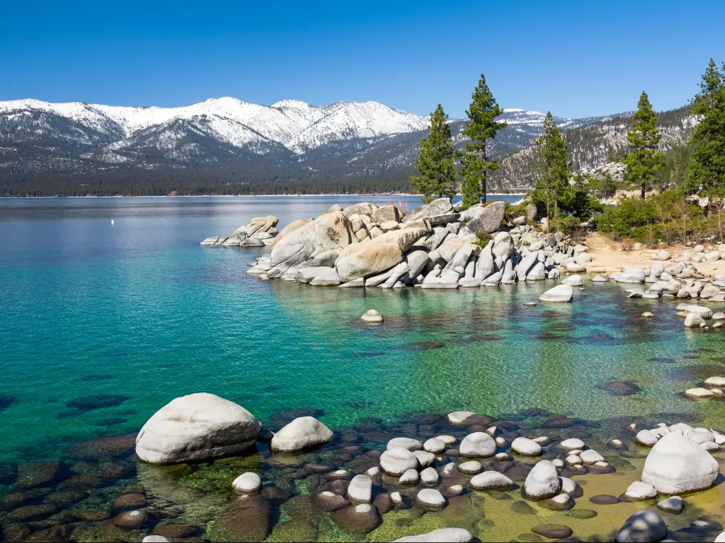Lake Tahoe, Nevada and California, USA taken on a sunny clear day with turquoise water and large stones in the foreground, a few trees dotting the shore and snow-capped mountains in the distance. 