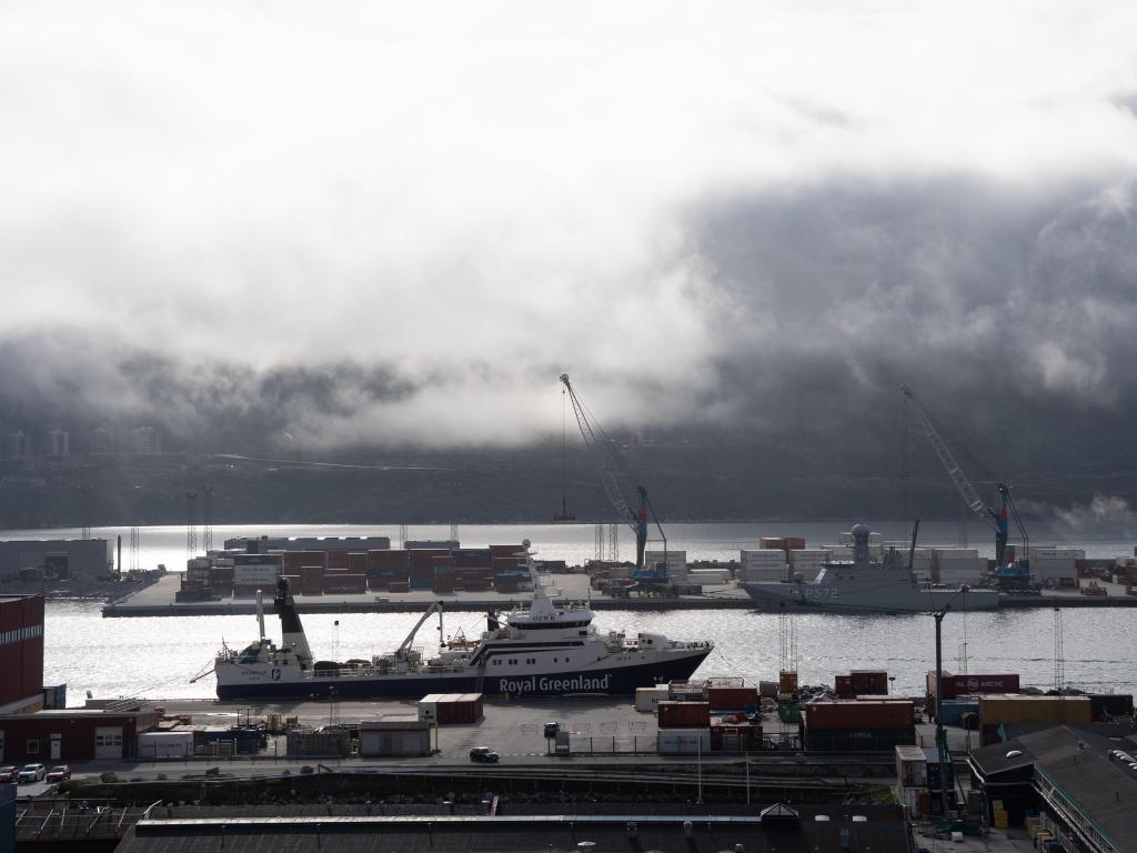 The Nuuk industrial Harbour in Greenland where freight ships transport goods to and from the island.