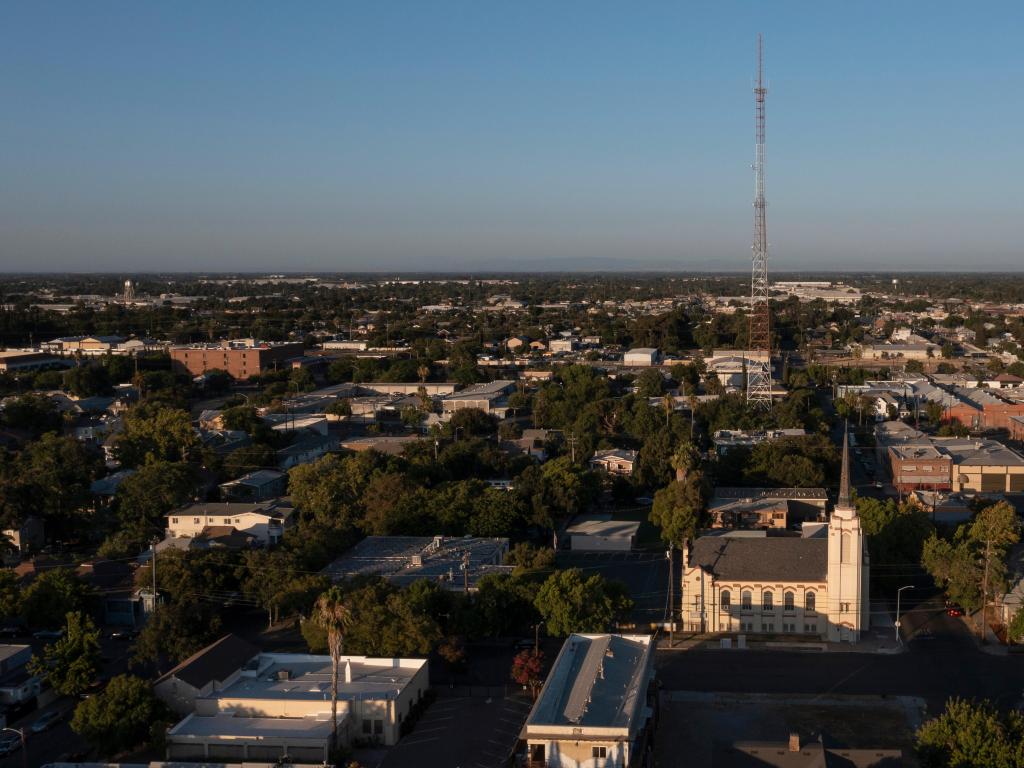 Sunset aerial view of downtown Stockton, California, USA.