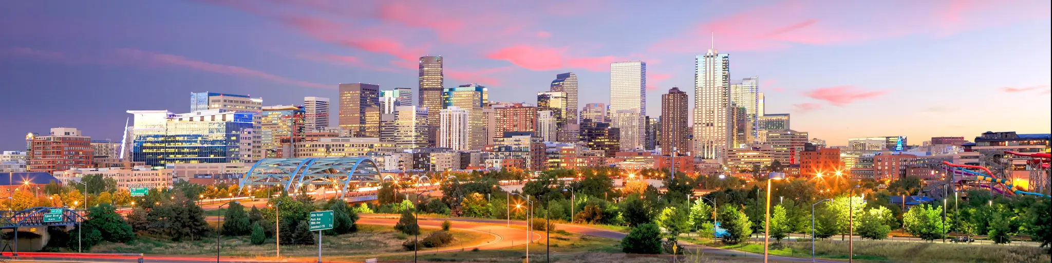 Denver, Colorado, USA  taken as a panorama of Denver skyline long exposure at twilight.
