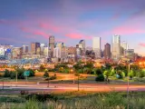 Denver, Colorado, USA  taken as a panorama of Denver skyline long exposure at twilight.