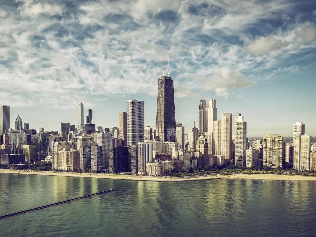 Chicago Skyline aerial view skyscrapers by the beach , vintage colors