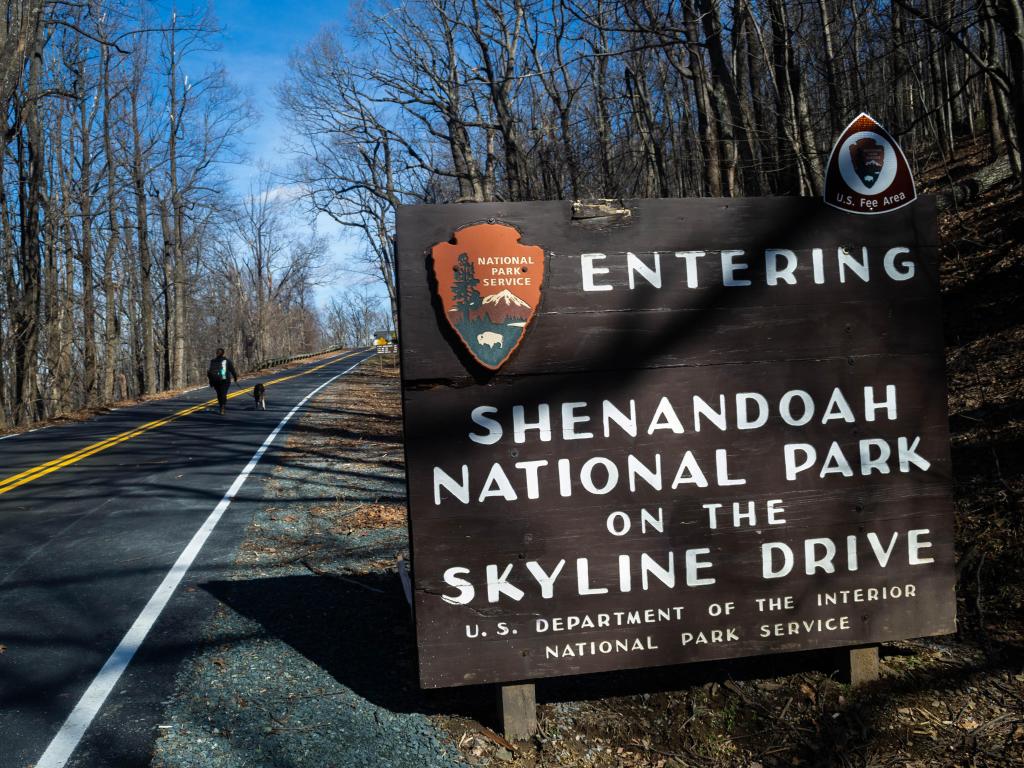 Entrance sign to Shenandoah National Park and Skyline Drive on a sunny day