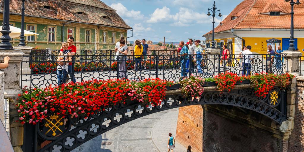 The Bridge of Lies in Sibiu decorated with colourful flowers 