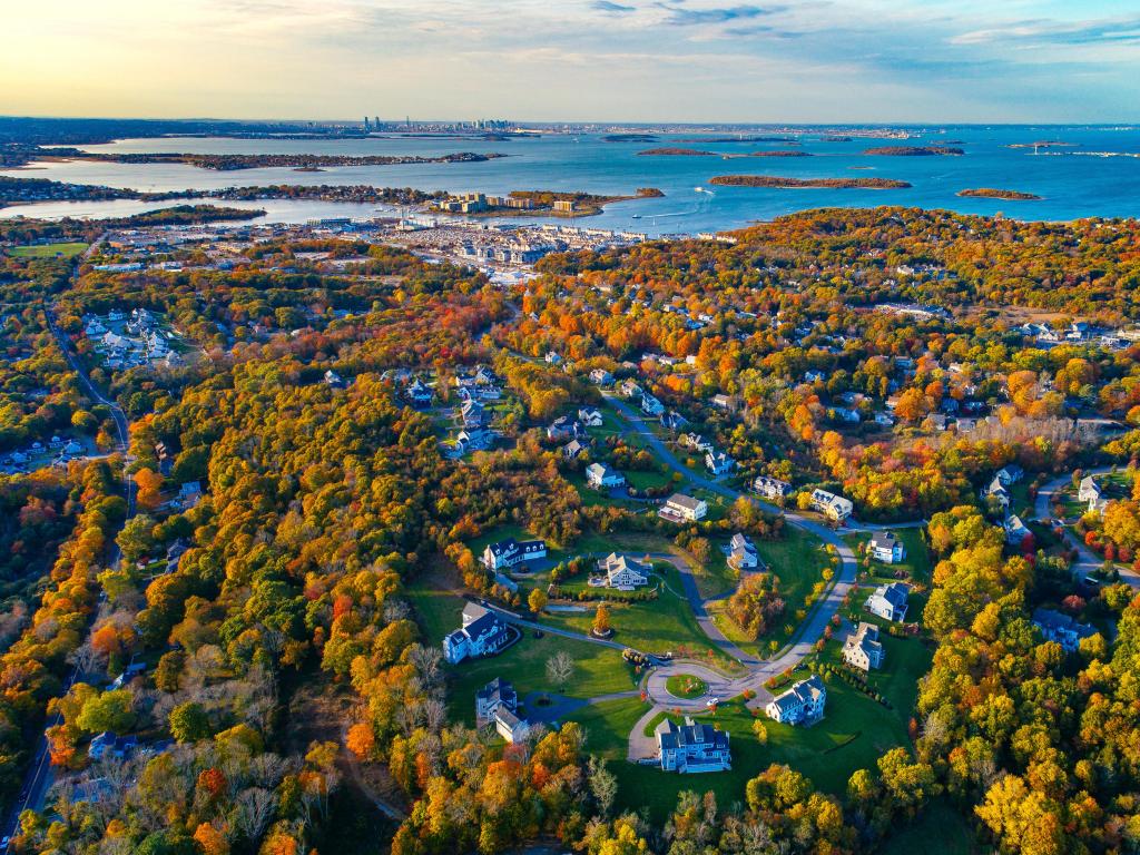 Hingham, USA taken as an aerial view of Hingham and Boston Harbor at fall. 