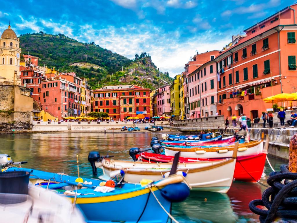 View of Vernazza village, Cinque Terre, Italy. View from the pier to the village