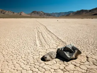The "twins" at Racetrack Playa, where rocks seem to move on their own on desert ground