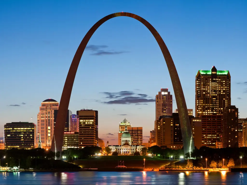 St Louis skyline and the Arch at twilight, the photo is taken with a long exposure setting
