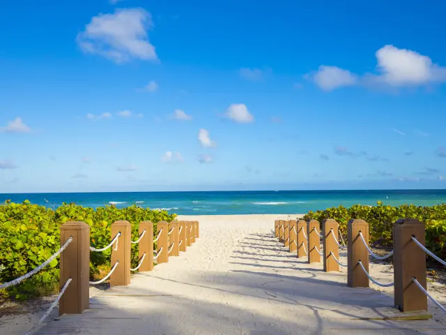 Sandy walkway between fences to the famous South Beach, with the view of the ocean and sunny skies ahead