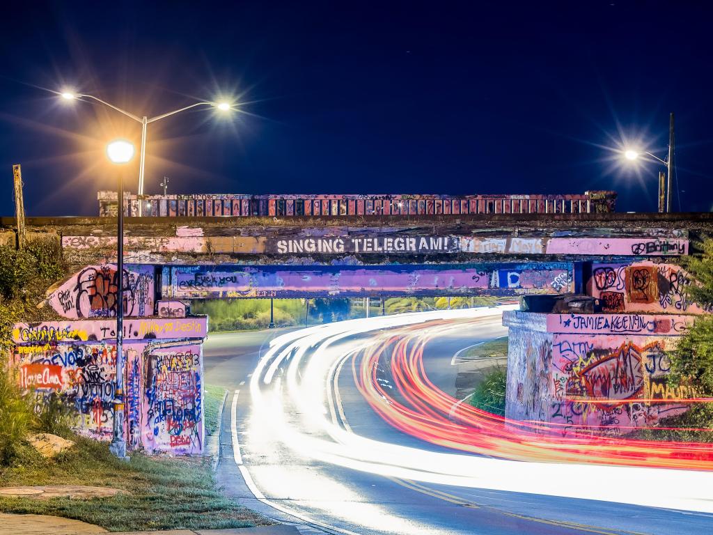 Graffiti Bridge, Pensacola, USA with a view of the bridge taken at night.
