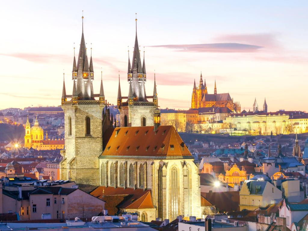 Prague. View of the city and castle at sunset.