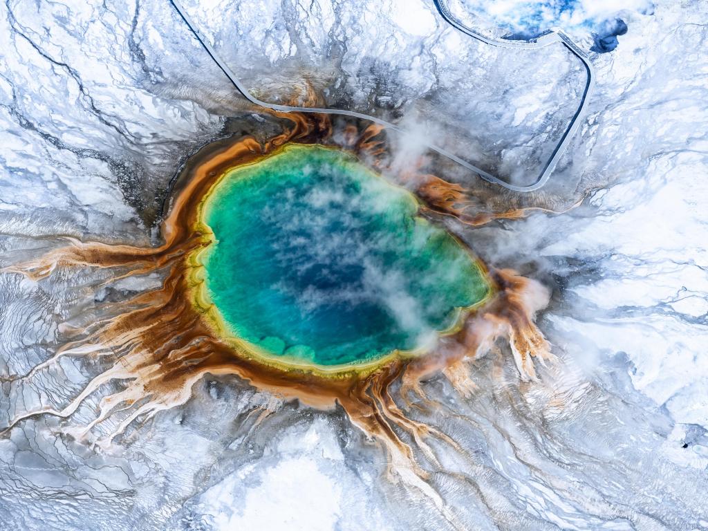 Aerial view of Grand prismatic spring in Yellowstone National Park in Winter