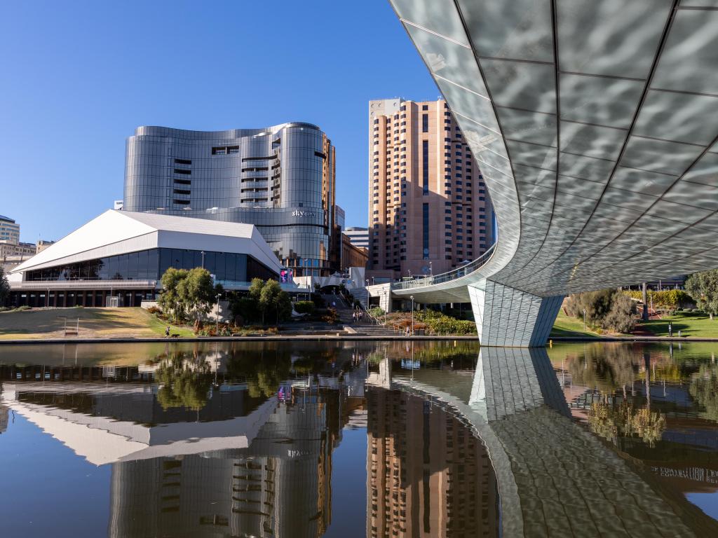 Adelaide cityscape with bridge reflected in river in the foreground