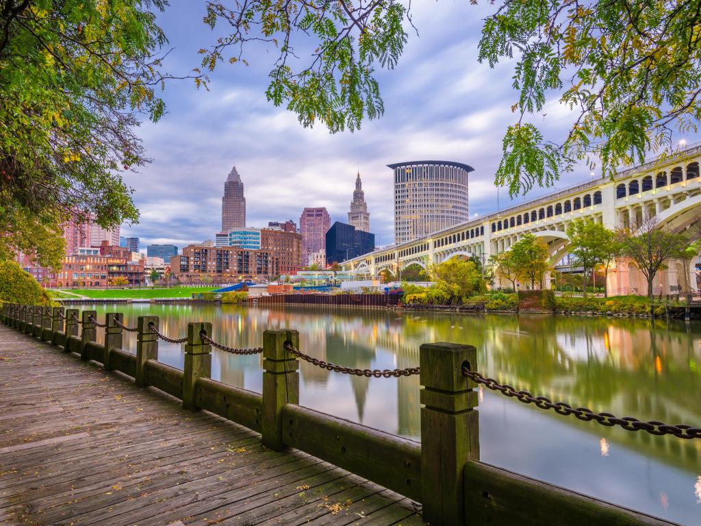 Downtown skyline on the Cuyahoga River at dusk.