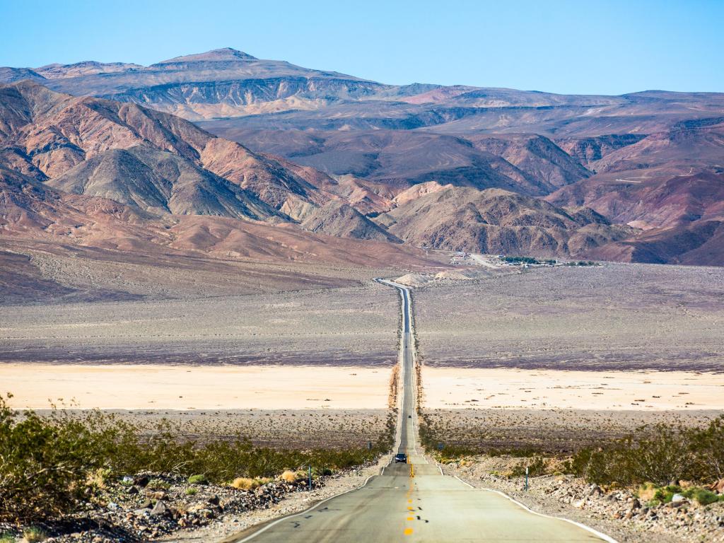 Death Valley National Park, Nevada, USA taken at Highway 190 crossing at Panamint Valley with the striking landscape in the distance and taken on a sunny day.