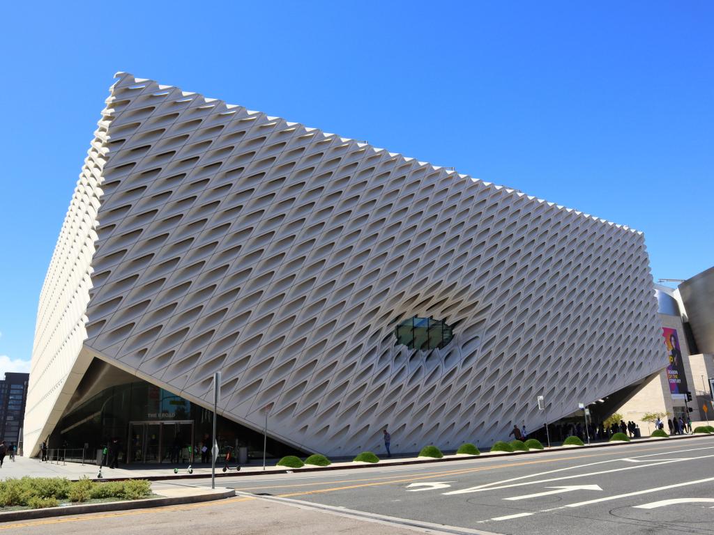 Exterior of the Broad, LA with blue sky in the background