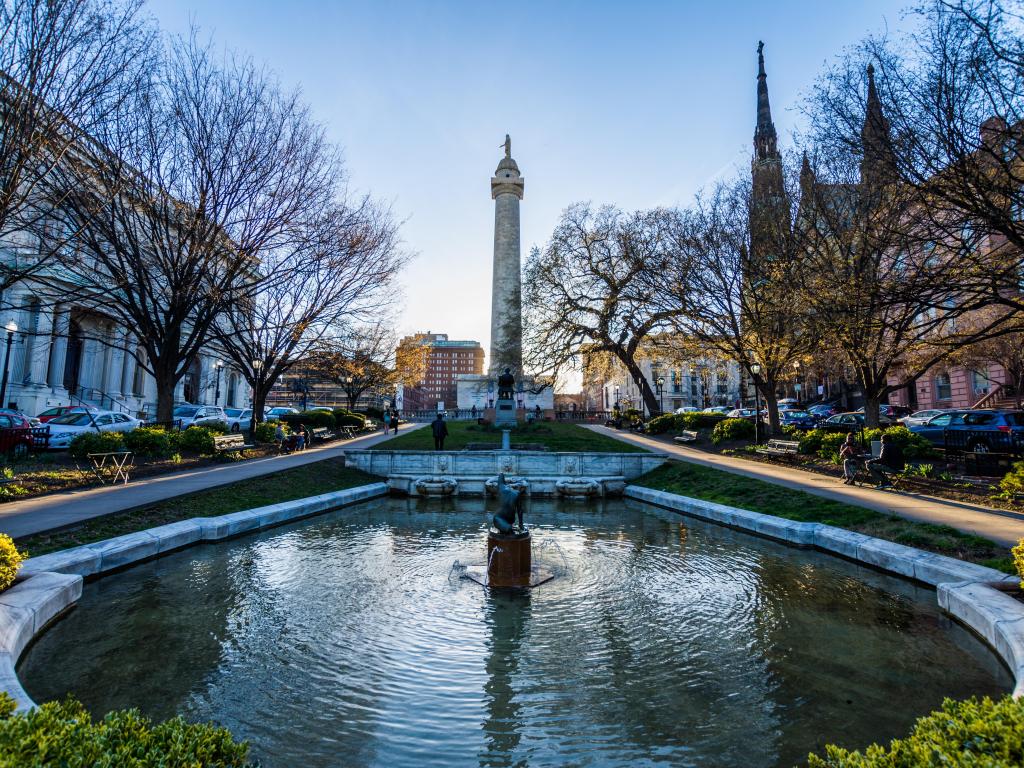 Reflection of the Washington Monument from the pond in Mount Vernon Baltimore, Maryland