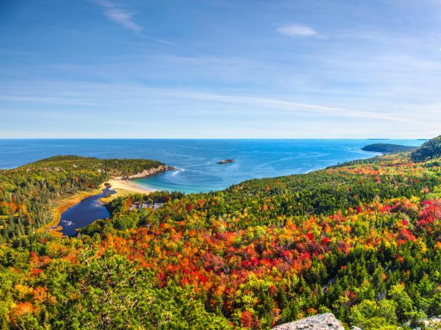 Panoramic view of the stunning fall colors and blue waters of the Bay in Acadia National Park