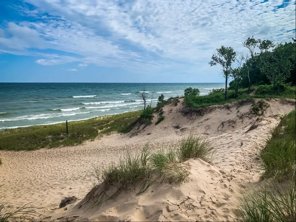 Indiana Dunes National Park, Lake Michigan, USA with views of the sandy dunes and sea in the background.
