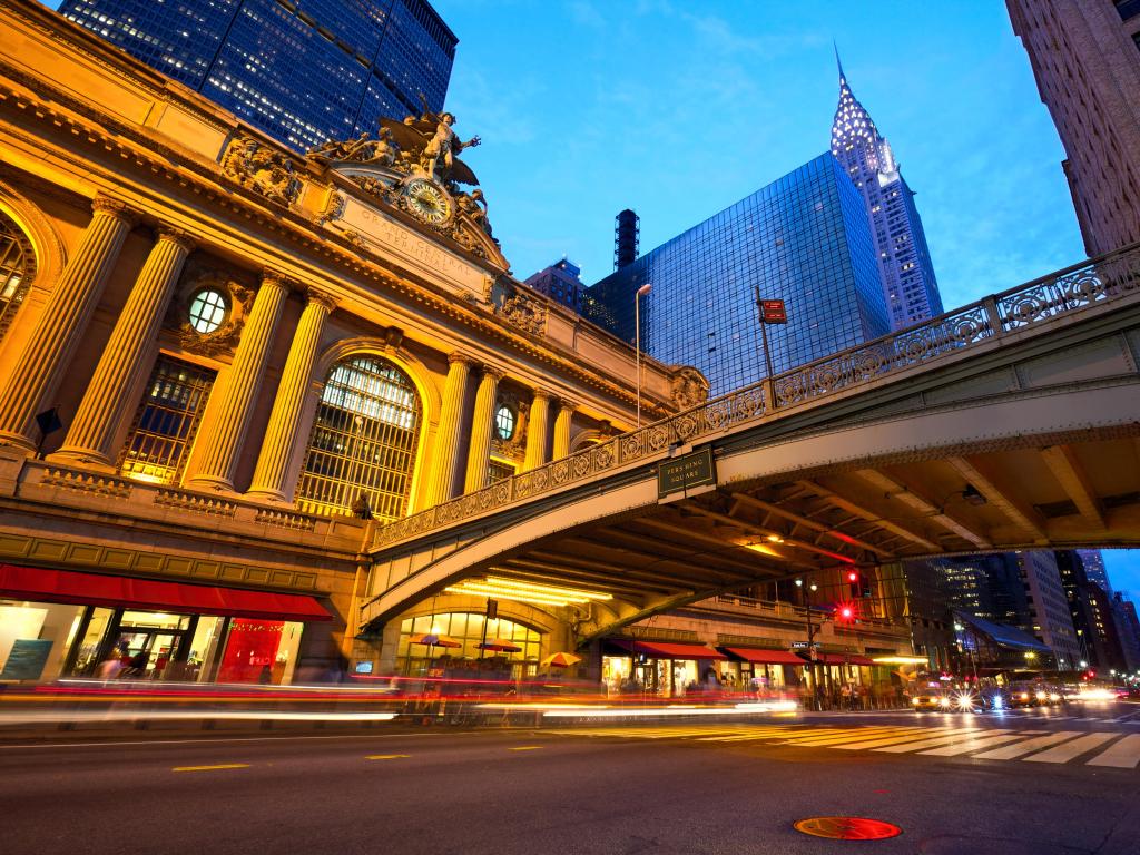 Grand Central exterior and bridge with road going under, as the sun sets