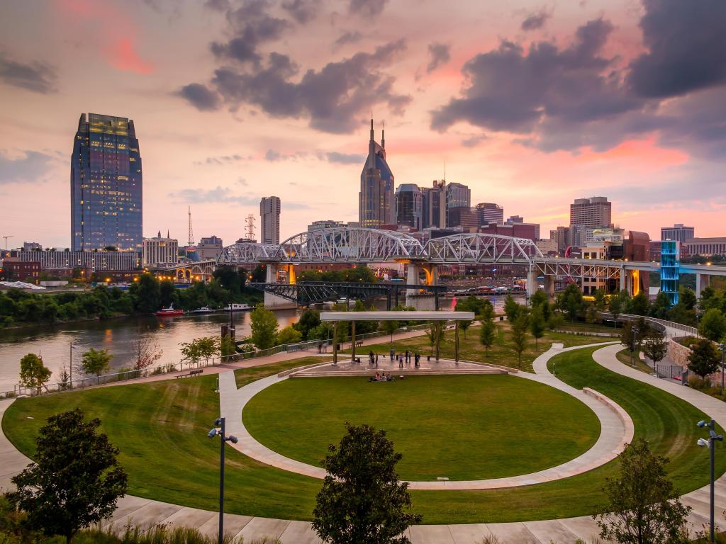 Nashville, Tennessee, USA taken at downtown skyline at twilight.