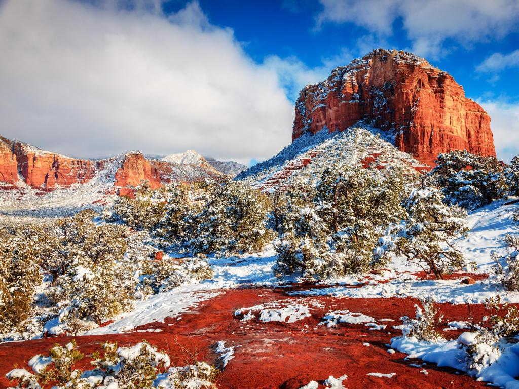 Courthouse Butte in Sedona, Arizona, USA after heavy snow storm.