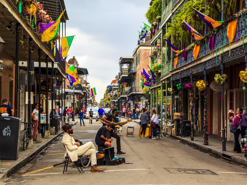 Band playing outside on Bourbon Street in the French Quarter of New Orleans, Louisiana