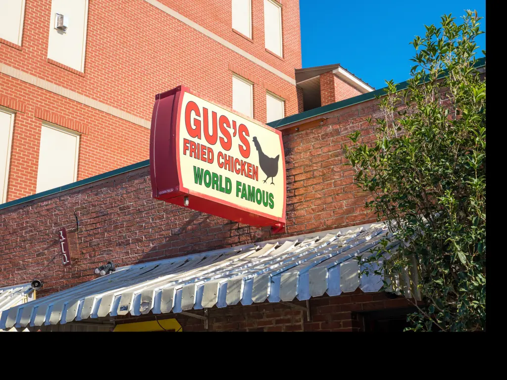 Sign outside Gus's World Famous Fried Chicken first restaurant in Memphis