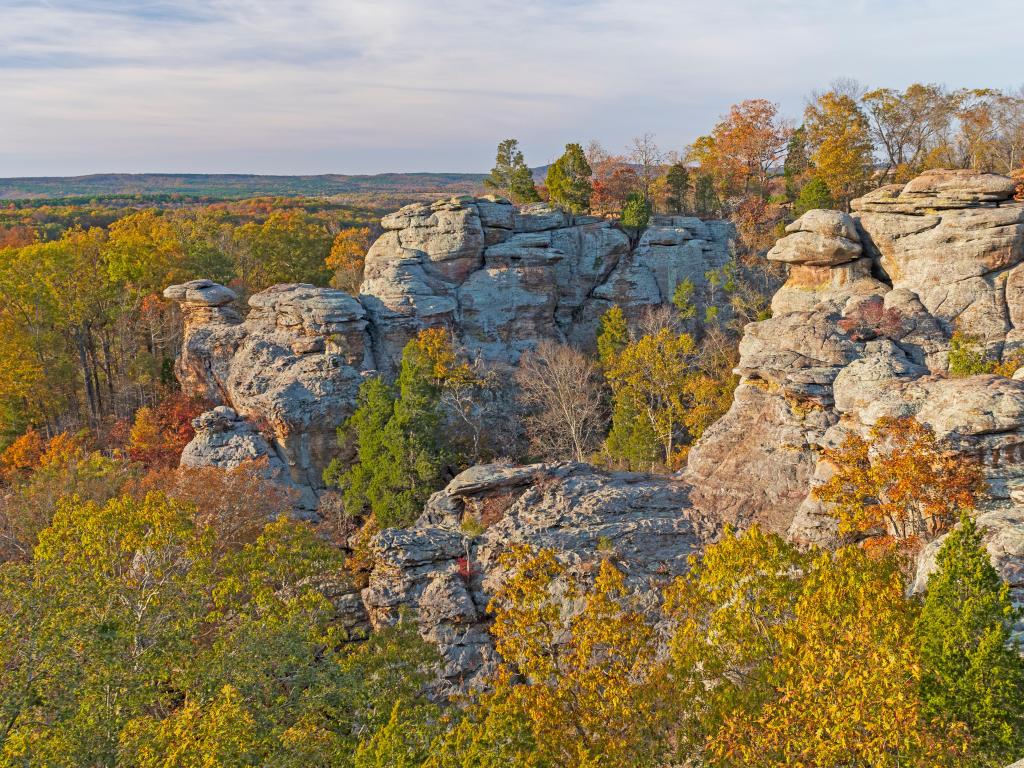 Garden of the Gods, Illinois, USA with fall colors amongst the rocks of the Garden of the Gods in Shawnee National Forest.