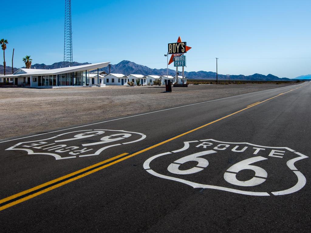 Roy's Motel and Cafe and printed road shields, on Route 66, in the Mojave Desert.