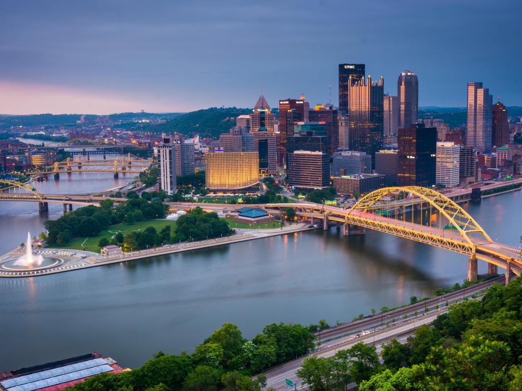 Evening view of Pittsburgh from the top of the Duquesne Incline in Mount Washington, Pittsburgh, Pennsylvania.