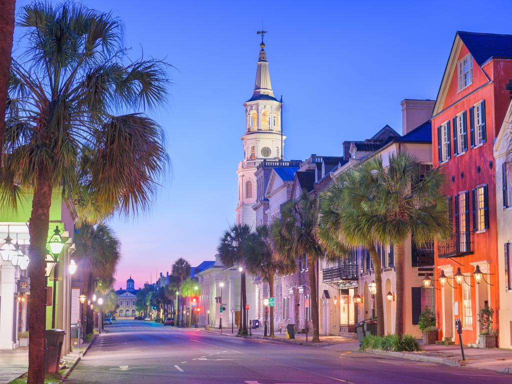 Charleston, South Carolina, USA in the French Quarter at twilight.