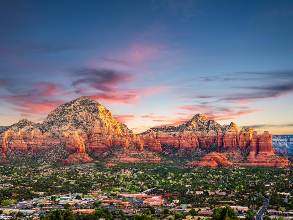 Sedona, Arizona, USA downtown and mountains.