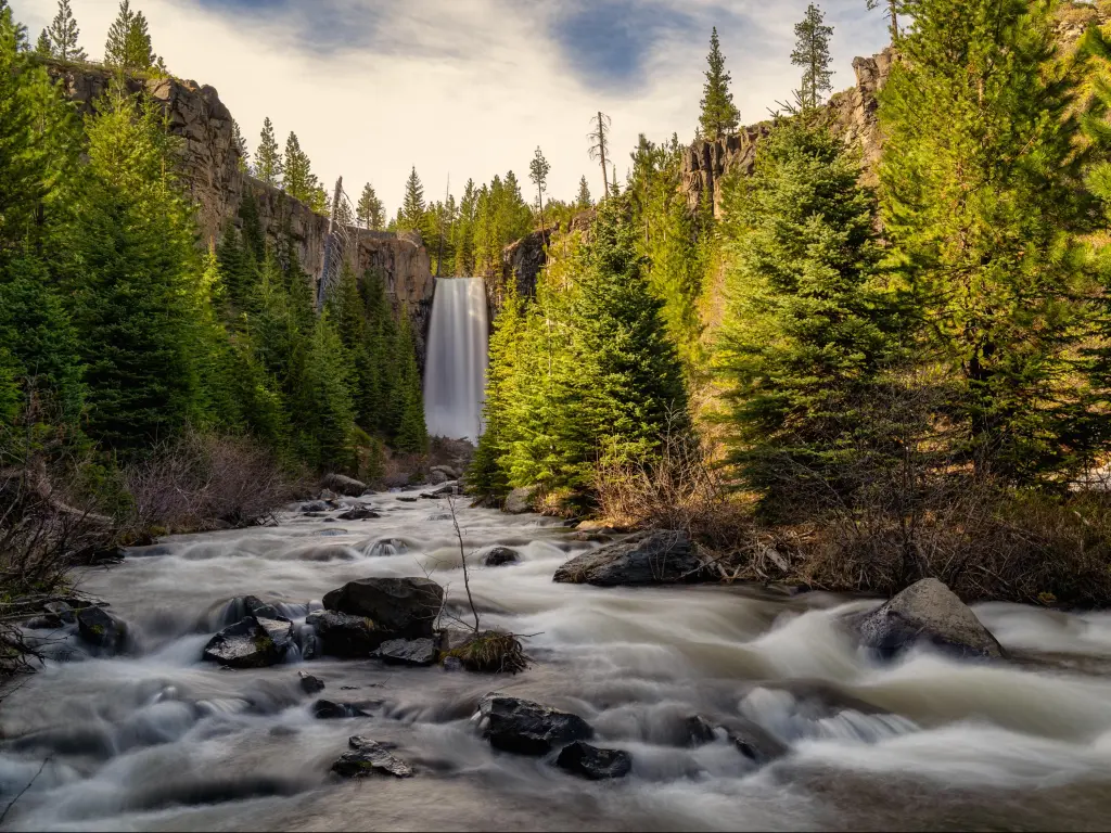 Bend, Oregon, USA taken at Tumalo Falls with the Cascade Mountains in the background and the waterfall surrounded by trees on a sunny day.