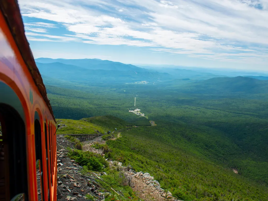 Mount Washington in summer with antique cog train track. Viewed from cog train on Mount Washington in White Mountain