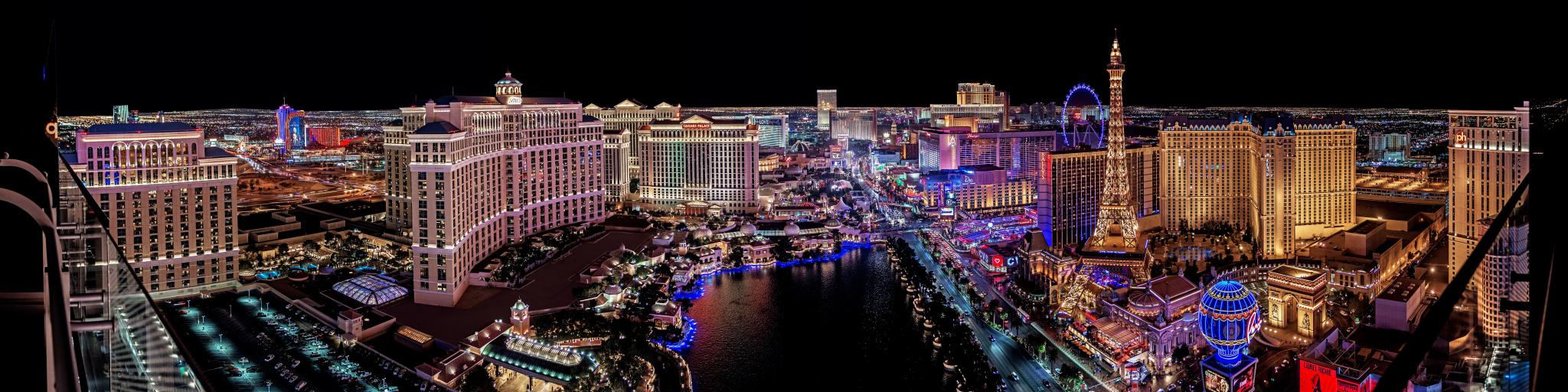 Las Vegas, Nevada, USA with a panoramic view of the Las Vegas Strip taken at night.