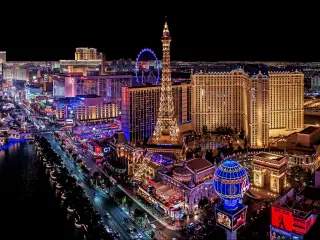 Las Vegas, Nevada, USA with a panoramic view of the Las Vegas Strip taken at night.