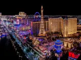 Las Vegas, Nevada, USA with a panoramic view of the Las Vegas Strip taken at night.