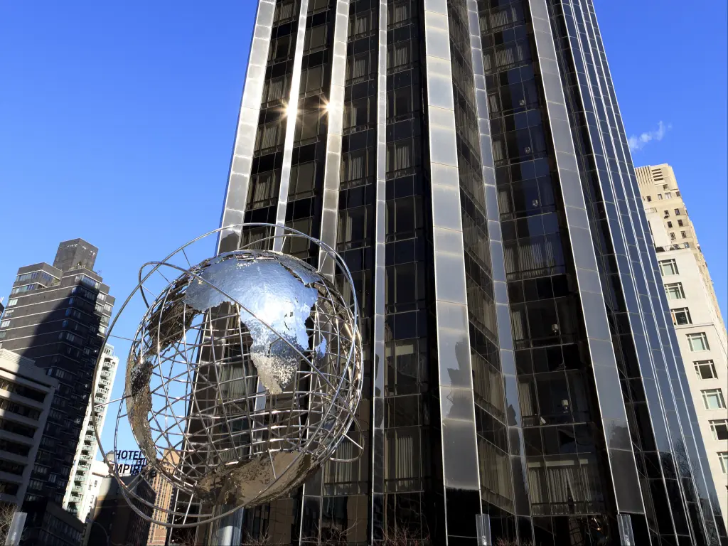 Close up of globe in the front of Trump International Hotel and Tower at Columbus Circle